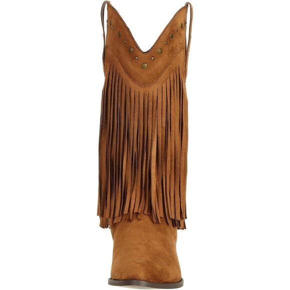 Women's Brown Cow Girl Block Heel Calf High Faux Suede Western Boots Shoes - Picture 2 of 9